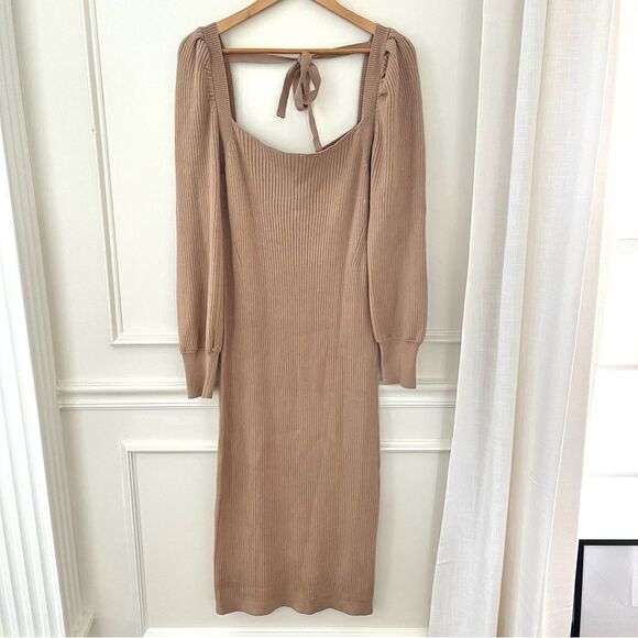 Charles Henry Puff Shoulder Long Sleeve Knit MIDI Dress in Tan Sz XL - Picture 7 of 12